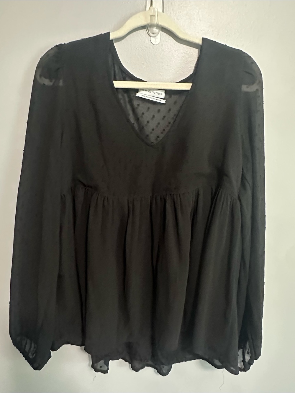 Urban Outfitters Black Swiss Dot Babydoll Blouse  Medium Sheer Long Sleeve